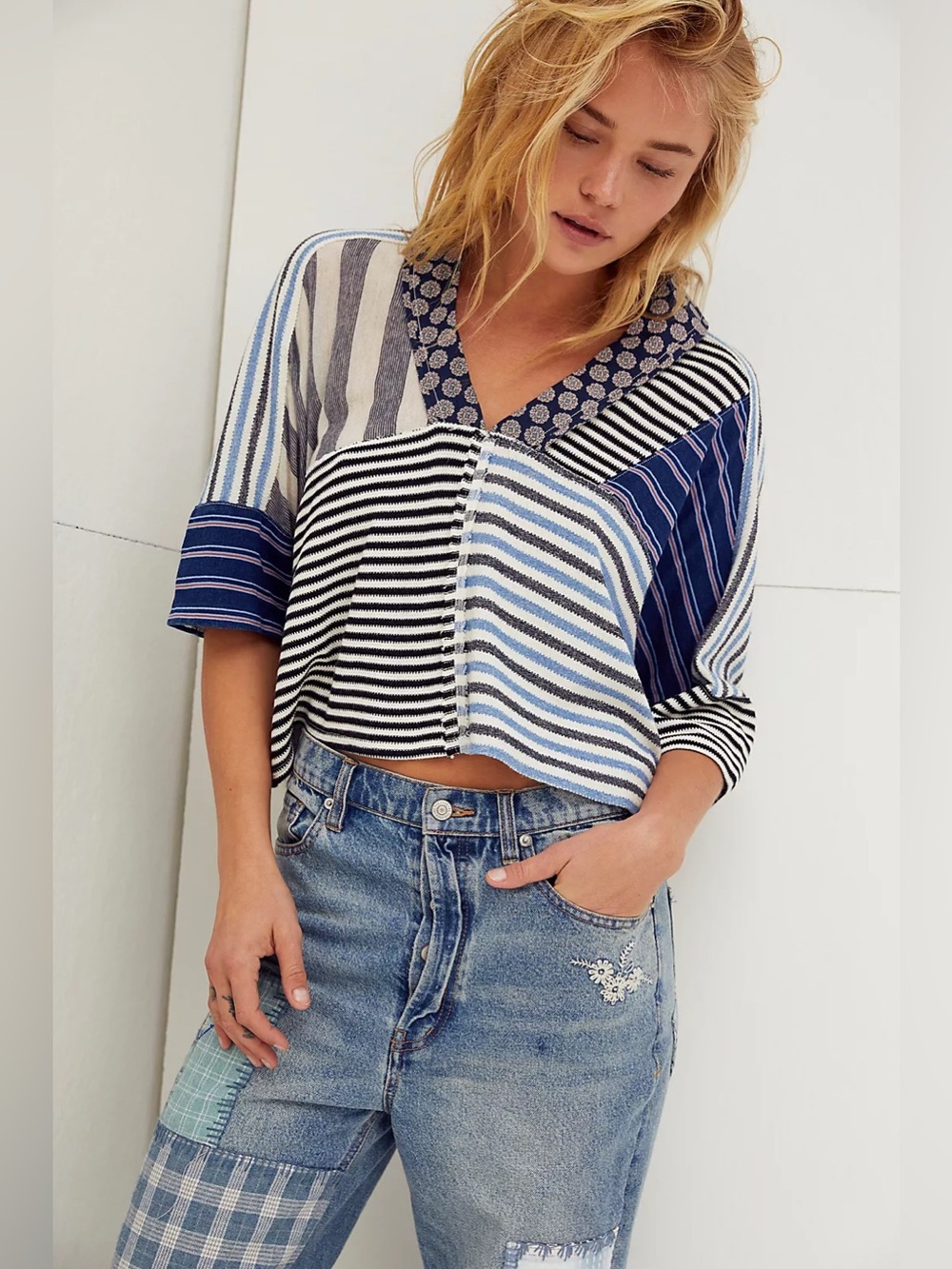 Free People The Stripe Is Right Top Large Oversized Cropped V Neck Mixed Pattern
